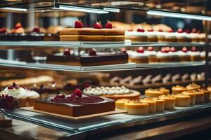 ein Anzeige von Kuchen und Gebäck im ein Bäckerei. KI-generiert foto