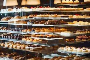 viele anders Typen von Gebäck sind auf Anzeige im ein Bäckerei. KI-generiert foto