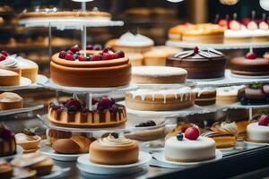 viele anders Typen von Kuchen sind auf Anzeige im ein Bäckerei. KI-generiert foto