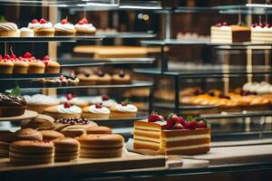 viele anders Typen von Kuchen sind auf Anzeige im ein Bäckerei. KI-generiert foto