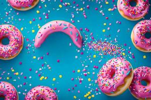 Rosa Donuts mit Sträusel auf ein Blau Hintergrund. KI-generiert foto