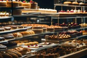 viele anders Typen von Gebäck sind auf Anzeige im ein Bäckerei. KI-generiert foto