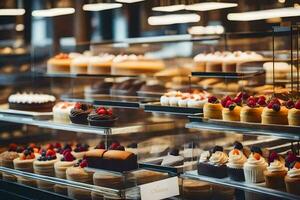 viele anders Typen von Kuchen sind auf Anzeige im ein Bäckerei. KI-generiert foto