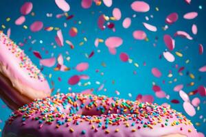 zwei Donuts mit Sträusel auf ein Blau Hintergrund. KI-generiert foto