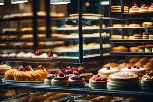 viele anders Typen von Gebäck sind auf Anzeige im ein Bäckerei. KI-generiert foto