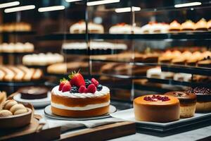 ein Bäckerei Anzeige mit Kuchen und Gebäck. KI-generiert foto