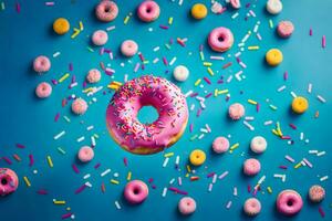 Donuts auf ein Blau Hintergrund mit Sträusel. KI-generiert foto