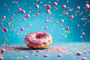 ein Krapfen mit Rosa Glasur und Sträusel auf ein Blau Hintergrund. KI-generiert foto