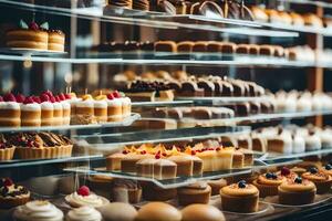 viele anders Typen von Kuchen sind auf Anzeige im ein Glas Fall. KI-generiert foto