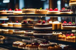 viele anders Typen von Kuchen sind auf Anzeige im ein Bäckerei. KI-generiert foto