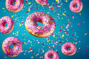 Donuts fliegend im das Luft mit Sträusel. KI-generiert foto