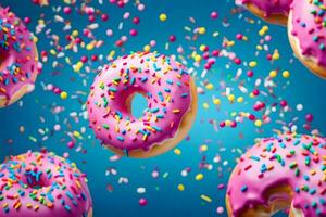 Donuts fallen von das Himmel, mit Sträusel und Rosa Glasur. KI-generiert foto