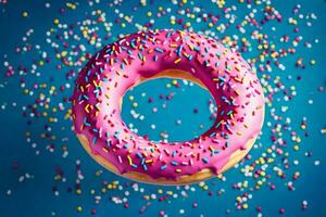 ein Rosa Krapfen mit Sträusel auf ein Blau Hintergrund. KI-generiert foto