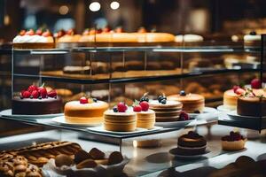 ein Anzeige von Kuchen und Gebäck im ein Bäckerei. KI-generiert foto