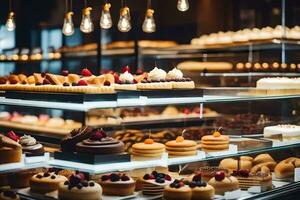 viele anders Typen von Kuchen sind auf Anzeige im ein Bäckerei. KI-generiert foto