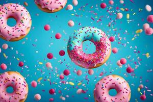 Donuts mit Sträusel auf ein Blau Hintergrund. KI-generiert foto