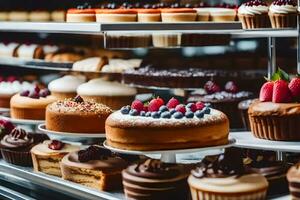 viele anders Typen von Kuchen sind auf Anzeige im ein Bäckerei. KI-generiert foto