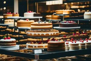 viele anders Typen von Kuchen sind auf Anzeige im ein Bäckerei. KI-generiert foto