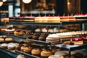 viele anders Typen von Kuchen sind auf Anzeige im ein Bäckerei. KI-generiert foto