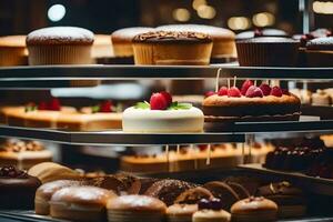 viele anders Typen von Kuchen sind auf Anzeige im ein Bäckerei. KI-generiert foto