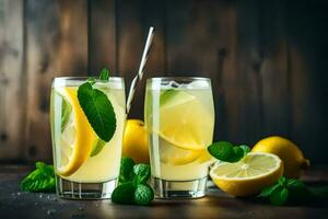 zwei Brille von Limonade mit Minze Blätter und Zitronen. KI-generiert foto