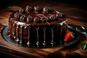 Schokolade Kuchen mit Erdbeeren auf ein schwarz Platte. KI-generiert foto