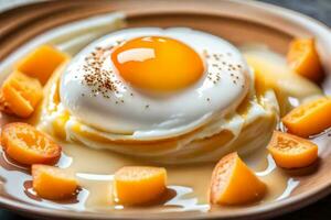ein Ei ist Sitzung auf oben von ein Teller mit geschnitten Aprikosen. KI-generiert foto