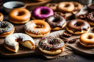 ein Vielfalt von Donuts auf ein Tisch. KI-generiert foto