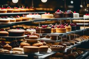 viele anders Typen von Kuchen sind auf Anzeige im ein Bäckerei. KI-generiert foto