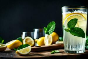 Limonade mit Minze Blätter und Zitronen auf ein hölzern Tisch. KI-generiert foto