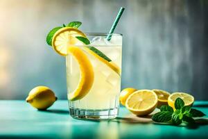 ein Glas von Limonade mit Minze Blätter und Zitronen. KI-generiert foto