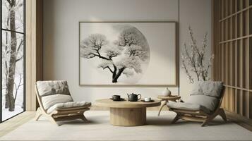 zwei Beige Salon Stühle und runden Kaffee Tisch. ein Studie im japandi Eleganz. ai generiert foto