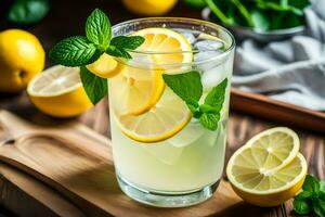 Limonade im ein Glas mit Minze Blätter und Zitronen. KI-generiert foto