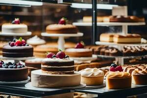 viele anders Typen von Kuchen sind auf Anzeige im ein Bäckerei. KI-generiert foto