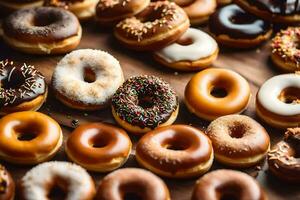 ein Bündel von Donuts auf ein Tisch. KI-generiert foto