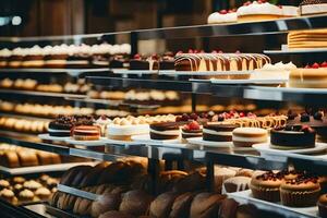 viele anders Typen von Kuchen sind auf Anzeige im ein Bäckerei. KI-generiert foto