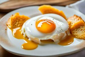 ein Ei auf ein Teller mit Orange Scheiben. KI-generiert foto