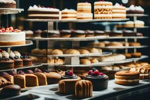 viele anders Typen von Kuchen sind auf Anzeige im ein Bäckerei. KI-generiert foto