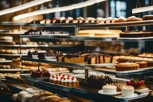 viele anders Typen von Kuchen sind auf Anzeige im ein Bäckerei. KI-generiert foto