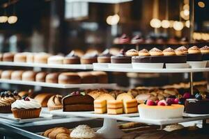 ein Bäckerei Anzeige mit viele anders Typen von Kuchen. KI-generiert foto