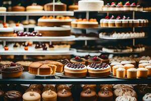 viele anders Typen von Kuchen sind auf Anzeige im ein Bäckerei. KI-generiert foto