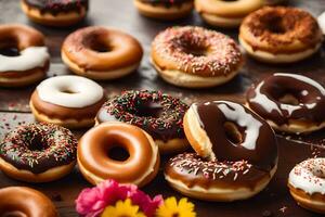 ein Bündel von Donuts mit Sträusel und Schokolade. KI-generiert foto