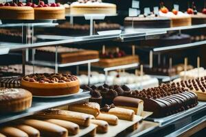 viele anders Typen von Kuchen sind auf Anzeige im ein Bäckerei. KI-generiert foto