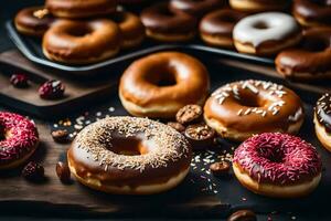 ein Vielfalt von Donuts auf ein schwarz Hintergrund. KI-generiert foto