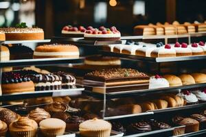 viele anders Typen von Kuchen sind auf Anzeige im ein Bäckerei. KI-generiert foto