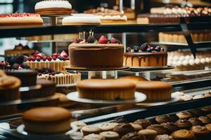 viele anders Typen von Kuchen sind auf Anzeige im ein Bäckerei. KI-generiert foto