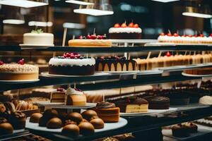 viele anders Typen von Kuchen sind auf Anzeige im ein speichern. KI-generiert foto