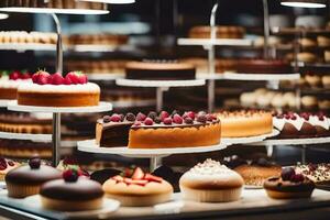 ein Anzeige von Kuchen im ein Bäckerei. KI-generiert foto