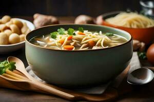 ein Schüssel von Suppe mit Nudeln und Gemüse. KI-generiert foto
