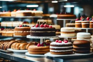 ein Bäckerei Anzeige mit Kuchen und Gebäck. KI-generiert foto